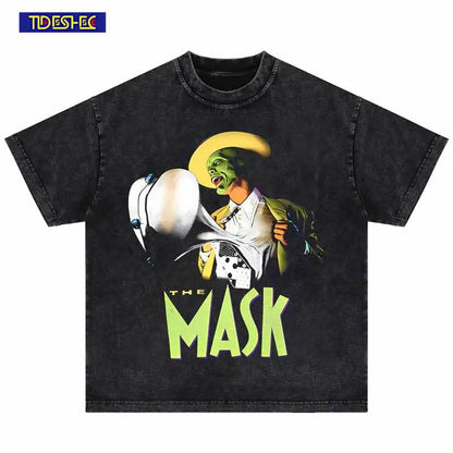 Black distressed cotton hip hop oversized t-shirt with green mask graphic and bold lime punk gothic funny lettering