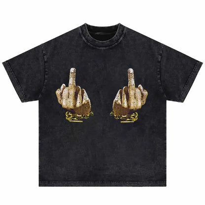 Black distressed cotton hip hop oversized t-shirt with gold-toned chained middle fingers punk gothic funny harajuku cotton tshirt