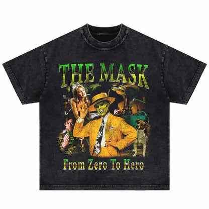 Black distressed hip hop oversized t-shirt with punk gothic funny the mask graphic and harajuku cotton fabric