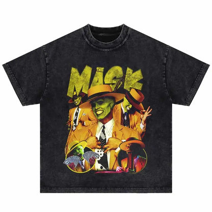 Black distressed cotton hip hop oversized t-shirt with punk gothic funny green-faced mask graphic and yellow lettering