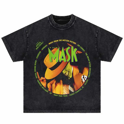 Black distressed cotton hip hop oversized t-shirt with punk gothic funny mask graphic and lime green lettering