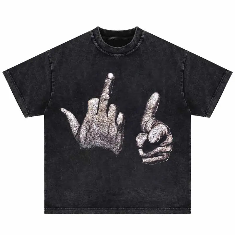 Black distressed cotton hip hop oversized t-shirt with detailed grayscale hands graphic punk gothic funny style