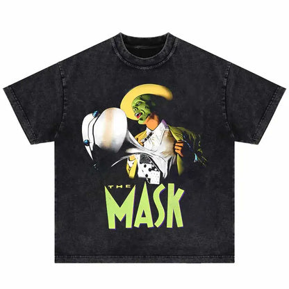 Black distressed hip hop oversized cotton t-shirt featuring punk gothic funny green-faced mask graphic with neon lettering
