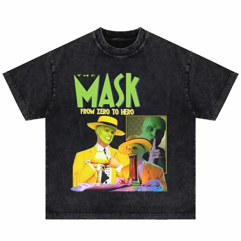 Black distressed cotton hip hop oversized t shirt with punk gothic funny the mask graphic and harajuku cotton tshirt style