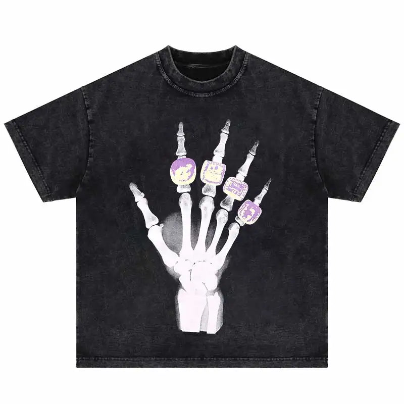 Black distressed cotton hip hop oversized t shirt with white skeletal hand and gemstone rings punk gothic funny harajuku cotton tshirt