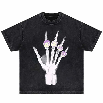 Black distressed cotton hip hop oversized t shirt with white skeletal hand and gemstone rings punk gothic funny harajuku cotton tshirt