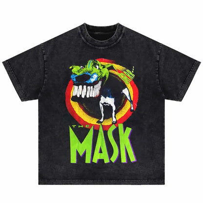 Black hip hop oversized cotton tshirt with punk gothic funny green dog graphic and neon green the mask text