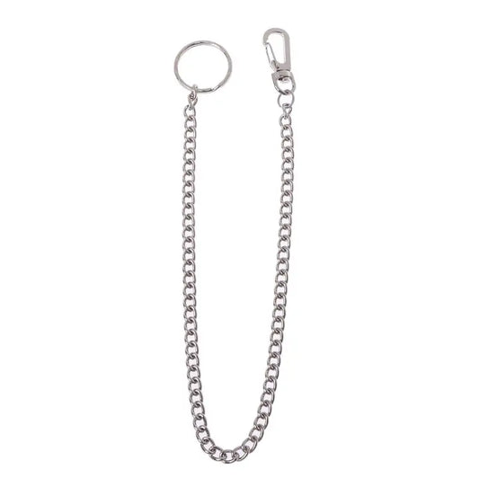Silver-toned heavy duty jeans pants chain secure with circular ring and carabiner clips for travel wallet chain use