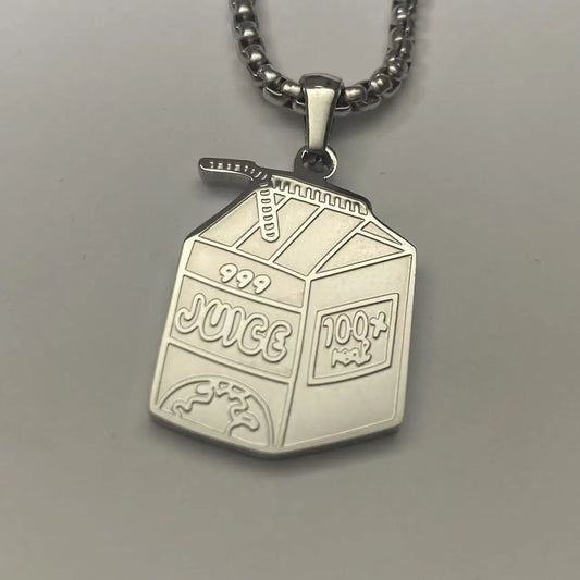 Silver hip hop pendant necklace with engraved 999 juice and 100 percent real text on a stainless steel chain fans memorial jewelry