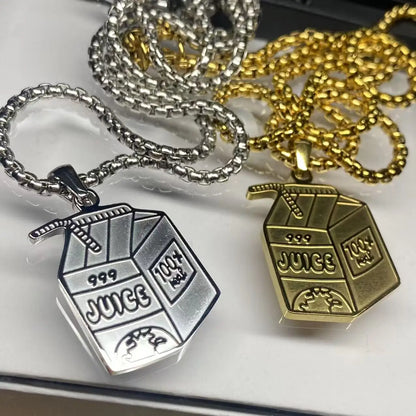 Silver and gold milk carton shaped hip hop pendant necklaces with 999 juice engraving on matching beaded chains fans memorial jewelry