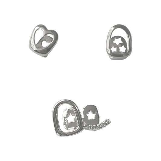 Silver heart and star-shaped stud earrings with polished metallic finish in hip-hop personality fashion hollowed-out three-piece set