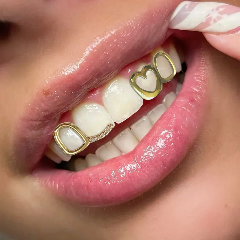 Gold-colored dental grillz with heart and rhinestone rectangular design for hip-hop personality fashion nightclub concert use
