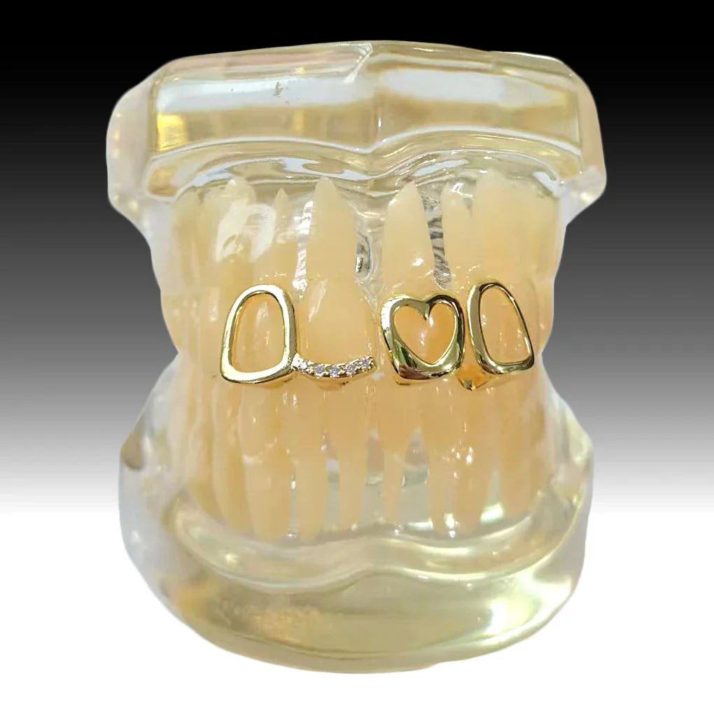 Gold grill with heart and oval diamond designs from hip-hop personality fashion hollowed-out three-piece set for nightclub concert