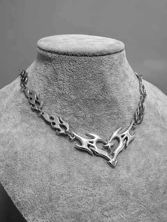 Silver flame totem heart-shaped cross thorny chain collar necklace crafted from metallic links for women and men