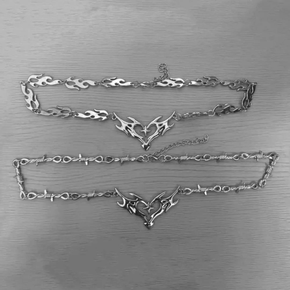 Silver-toned thorny chain collar necklace with hollowed-out flame totem and heart-shaped cross pendant for men and women