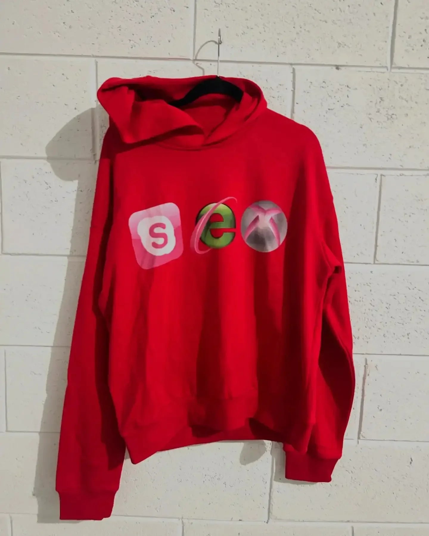 Red hoodie vintage y2k featuring graphic of spotify chrome and xbox logos women hoody harajuku loose clothes comfortable