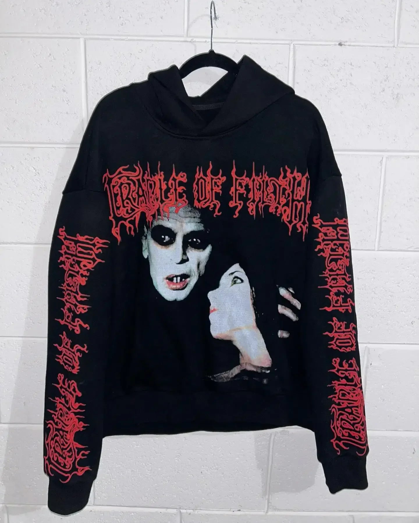 Black hoodie vintage y2k featuring red terror of flesh vampire graphic and matching gothic lettering on sleeves for loose clothes comfortable wear