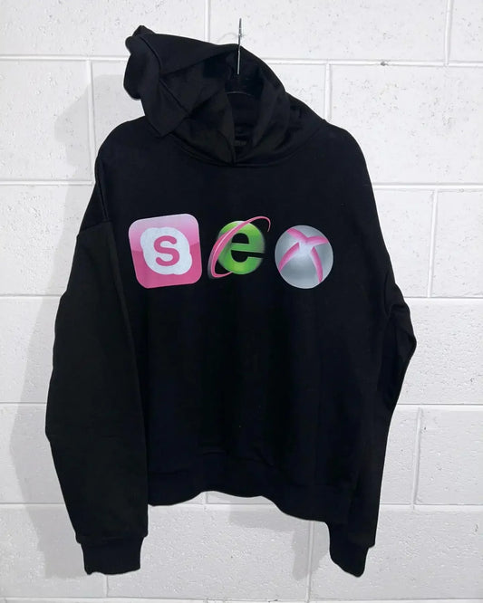 Black hoodie vintage y2k with bold pink green and silver snapchat internet explorer and xbox logos women hoody harajuku loose clothes comfortable
