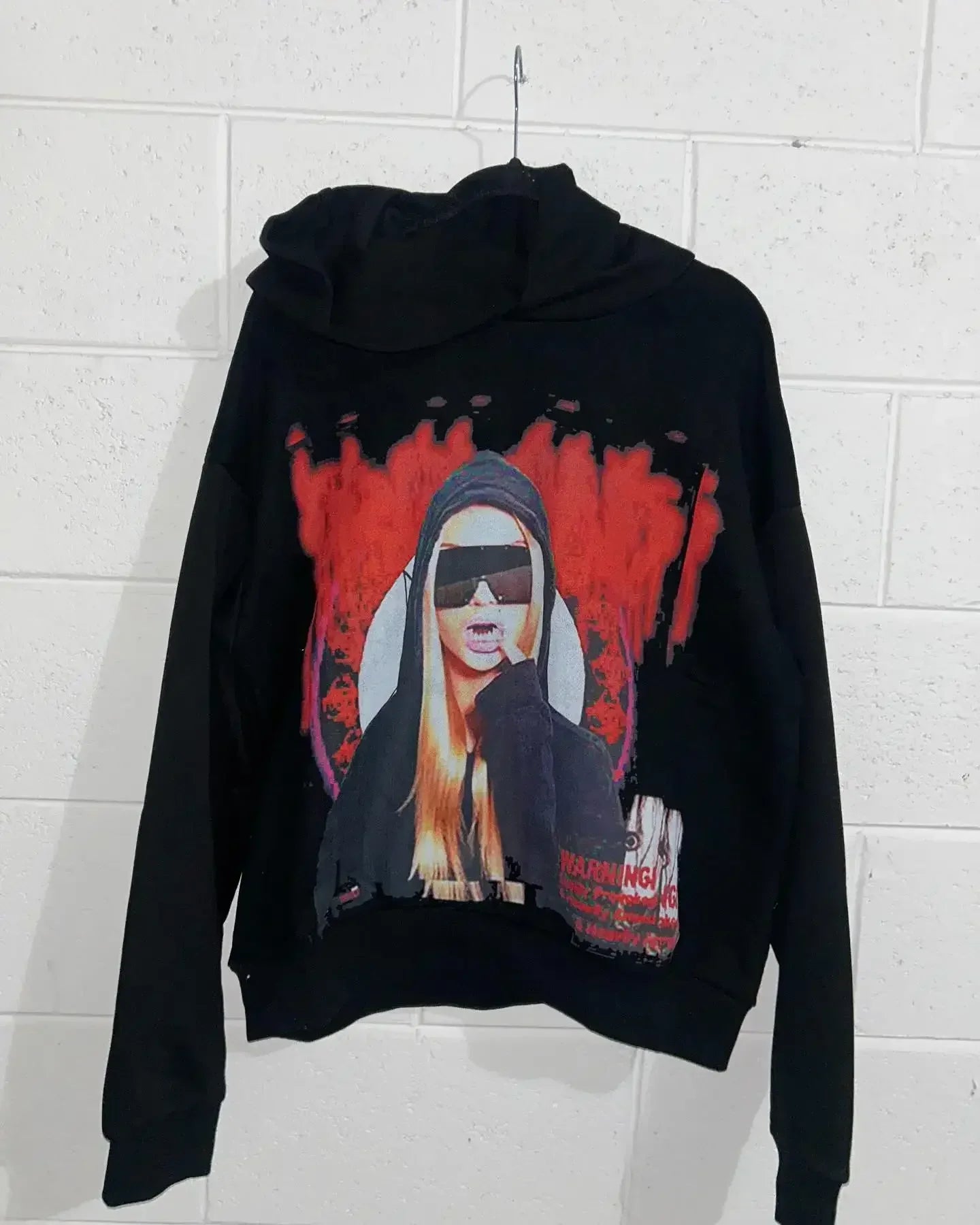 Black hoodie vintage y2k with bold graphic of blonde woman sunglasses and red splatter loose clothes comfortable design