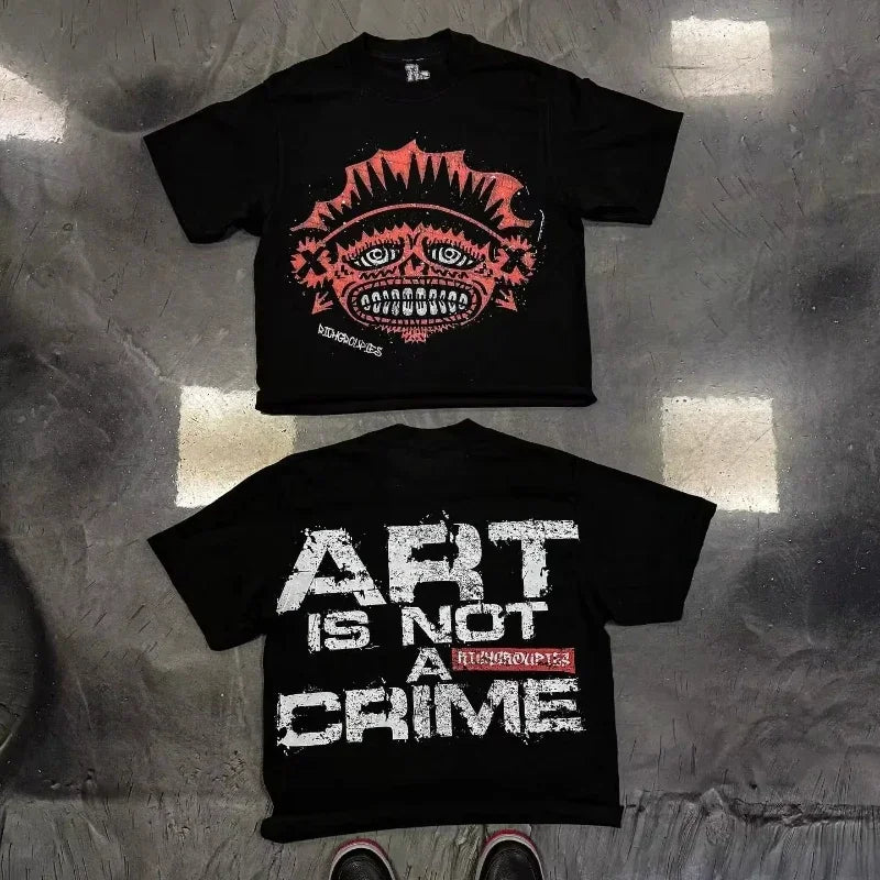 Black short-sleeved hip hop print t-shirt with red stylized face graphic front and white distressed art is not a crime back