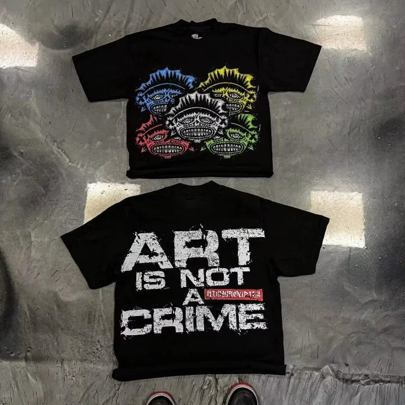 Black short-sleeved hip hop graphic t-shirt with colorful skulls and bold art is not a crime text for casual streetwear
