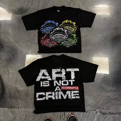 Black short-sleeved hip hop graphic t-shirt with colorful skulls and bold art is not a crime text for casual streetwear