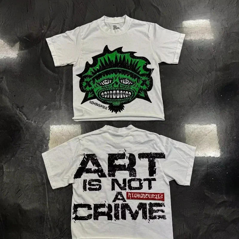 White hip hop print graphic t-shirt with green skull front and art is not a crime text on back for casual wear