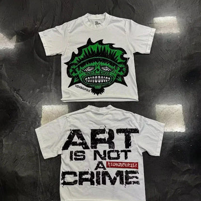 White hip hop print graphic t-shirt with green skull front and art is not a crime text on back for casual wear