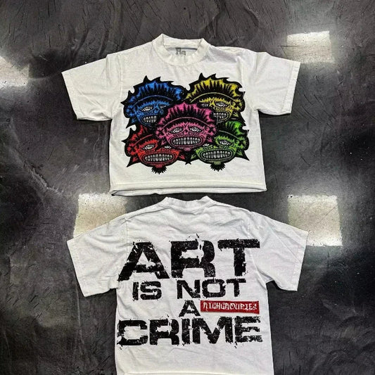 White t-shirt with colorful hip hop print of five spiky monsters front and art is not a crime text back shirts y2k tee clothing street harajuku