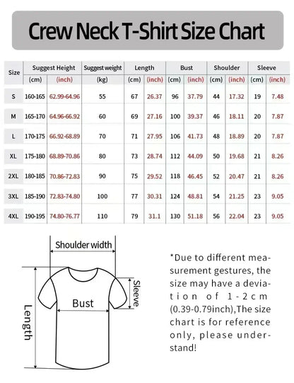 Crew neck hip hop print graphic t shirt size chart with measurements in centimeters and inches for sizes s to 4x
