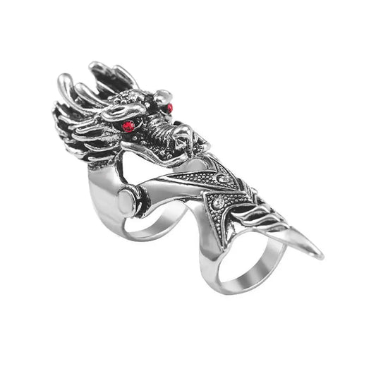 Silver dragon-themed hip hop punk finger ring skull with red gemstone eyes female korean style adjustable fashion jewelry
