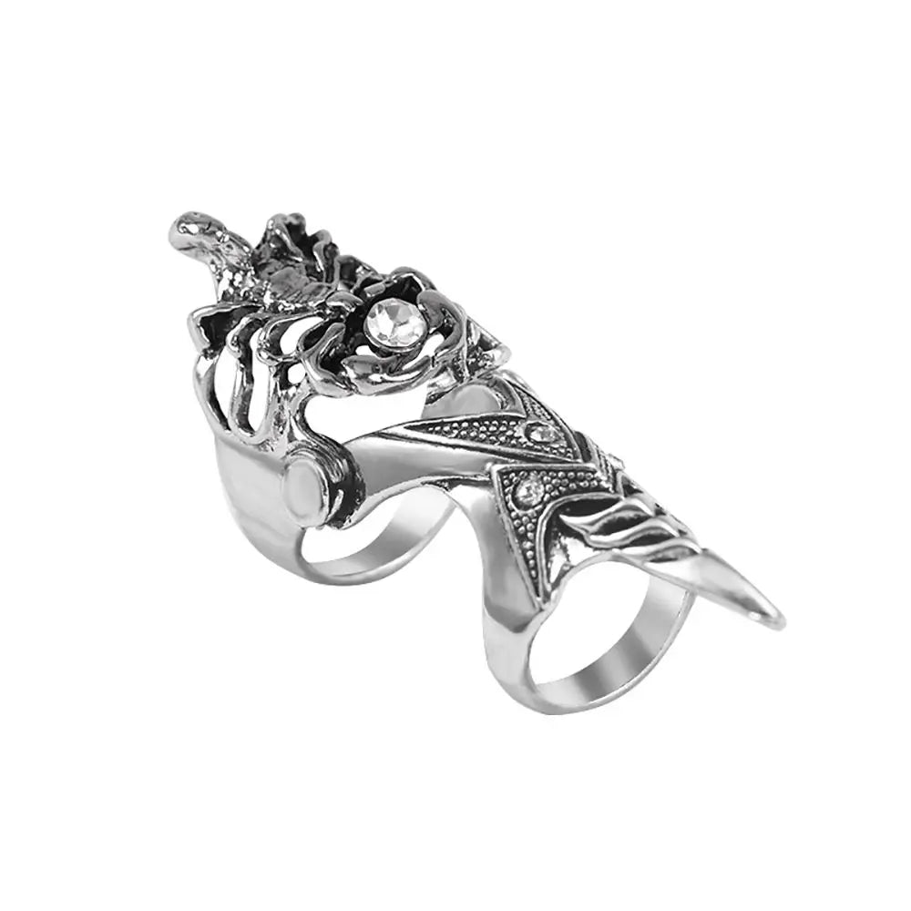 Silver-toned hip hop punk finger ring skull with detailed rose design and clear crystals, female Korean style fashion jewelry