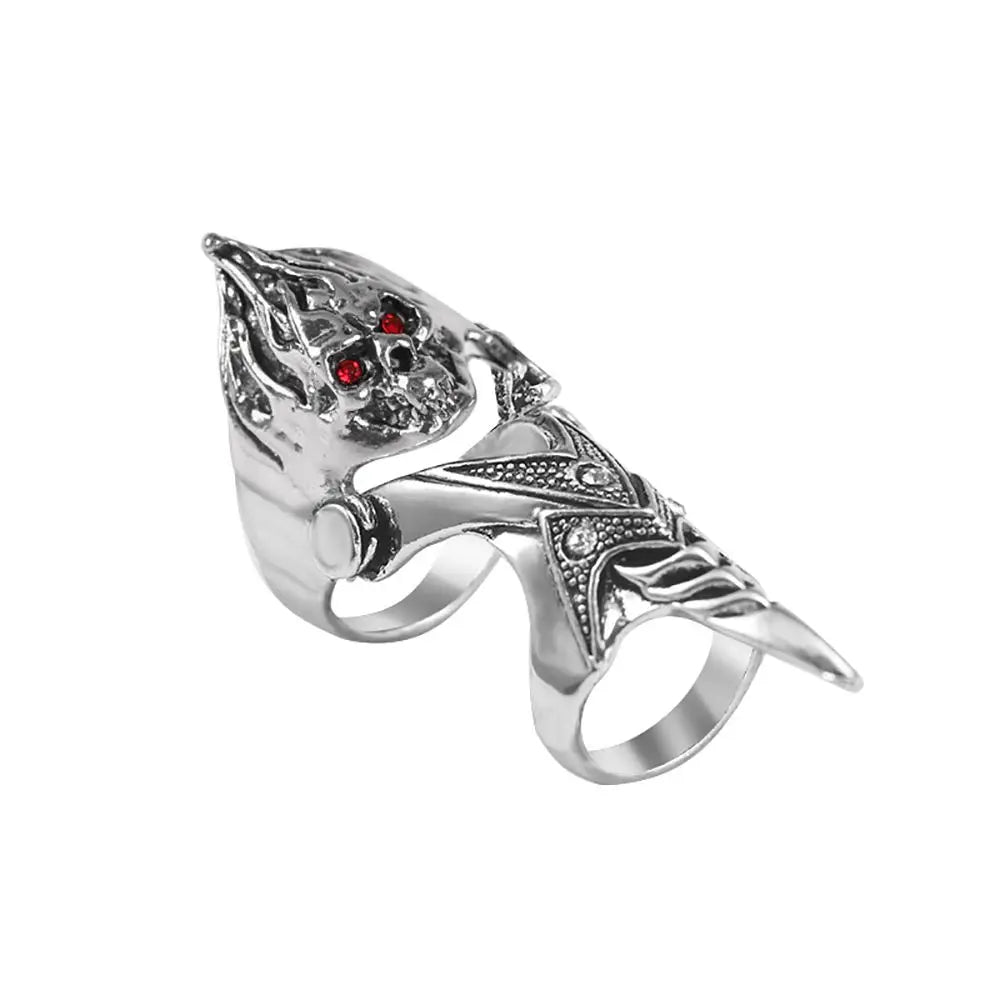 Silver hip hop punk finger ring skull with red gemstone eyes and flame detailing female korean style adjustable ring