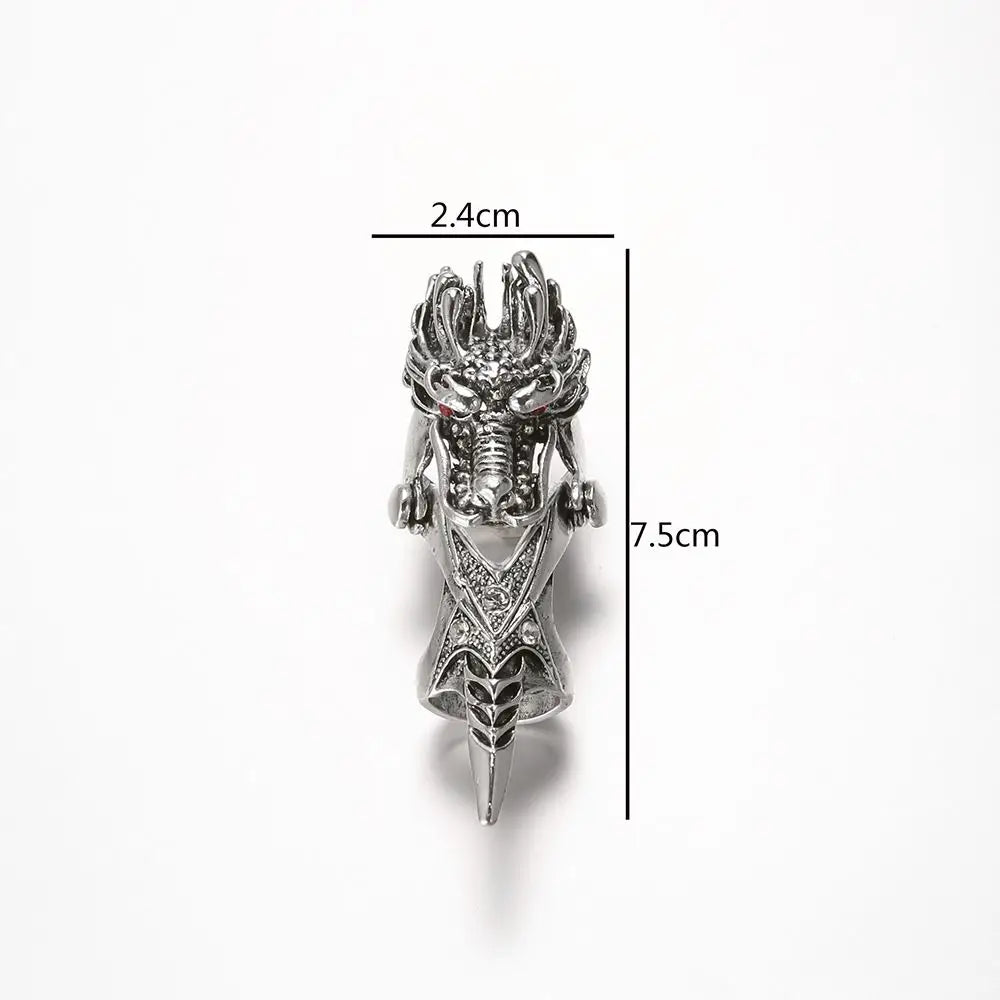Silver dragon-themed hip hop punk finger ring skull with intricate detailing and sharp pointed tip for female korean style