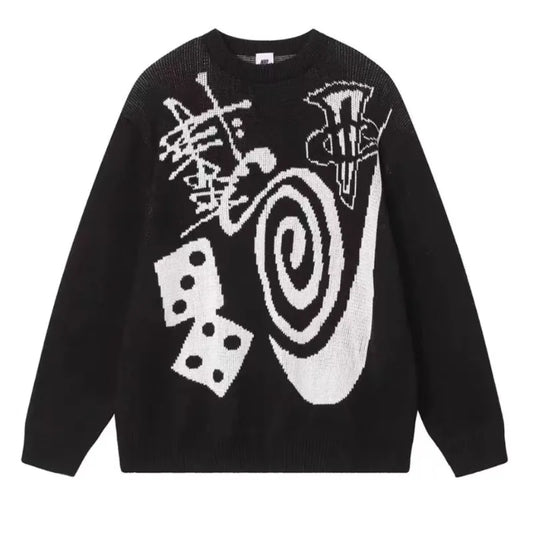 Black knit sweater with bold white dice spiral graphic and stylized lettering for hip-hop punk streetwear