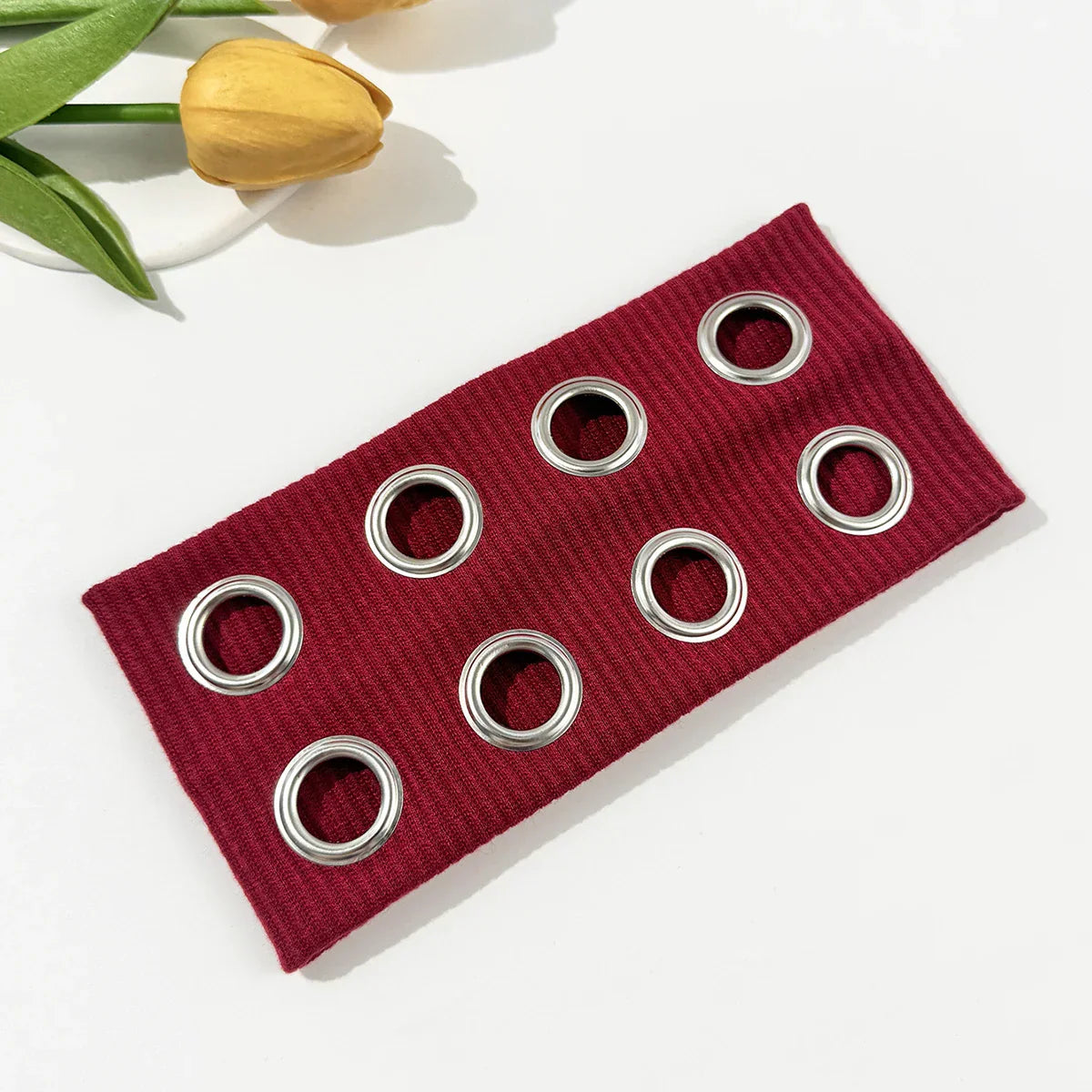 Maroon ribbed knit wide edge headband with seven silver metal grommets retro elastic band unisex style for men and women
