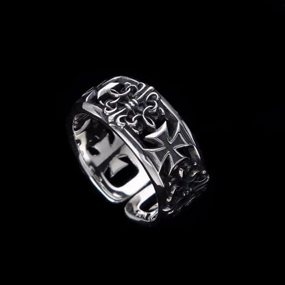 Silver adjustable band hip hop punk ring featuring intricate cross and floral filigree gothic statement design