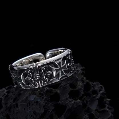 Silver-toned adjustable hip hop punk ring featuring an intricate cross and floral filigree design statement ring gothic accessory