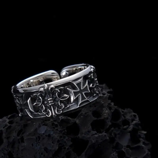 Silver-toned adjustable hip hop punk ring featuring an intricate cross and floral filigree design statement ring gothic accessory