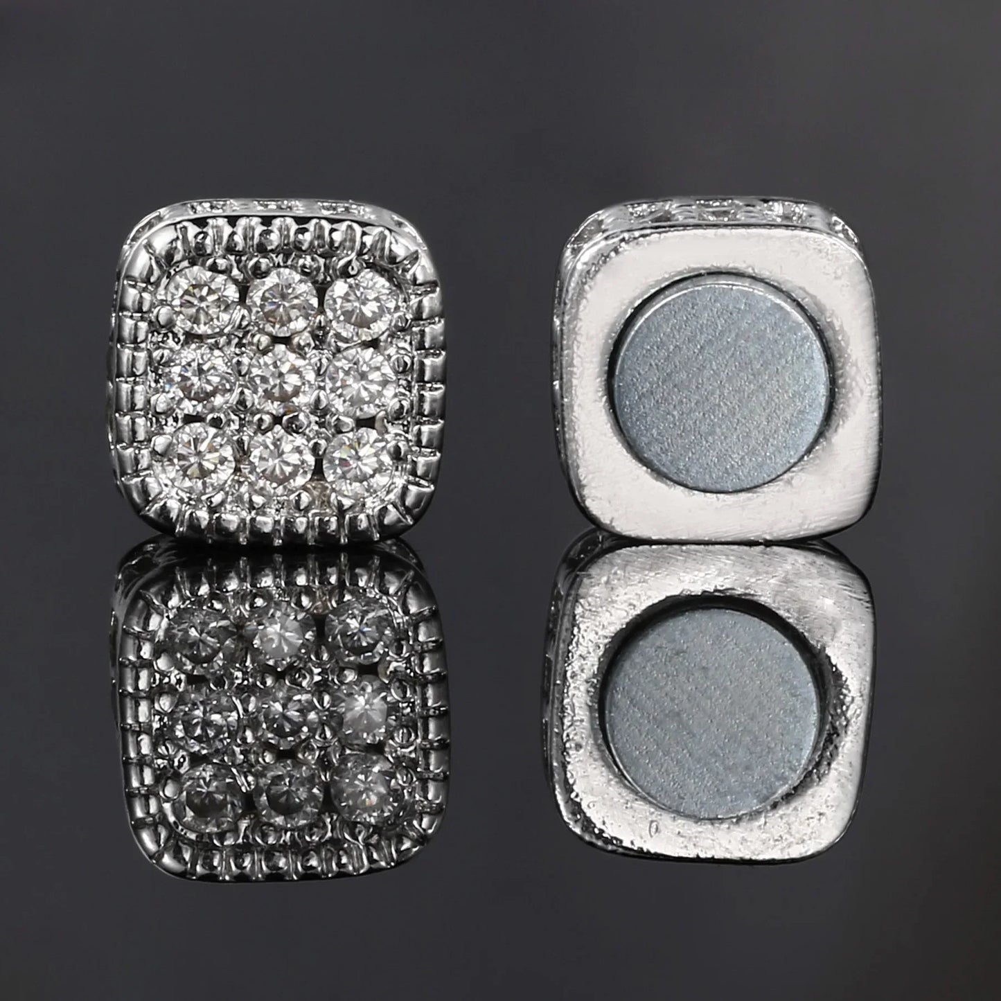 Square-shaped zircon silver color hip hop punk piercing magnet earrings with pave clear crystals and smooth magnetic back