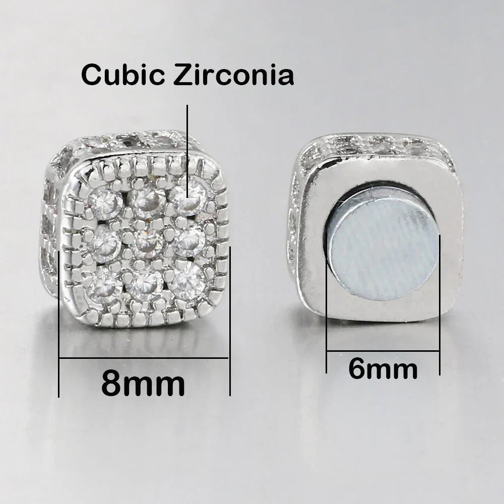 Silver square-shaped magnetic bead ear clip adorned with cubic zirconia stones zircon silver color hip hop punk piercing magnet earrings