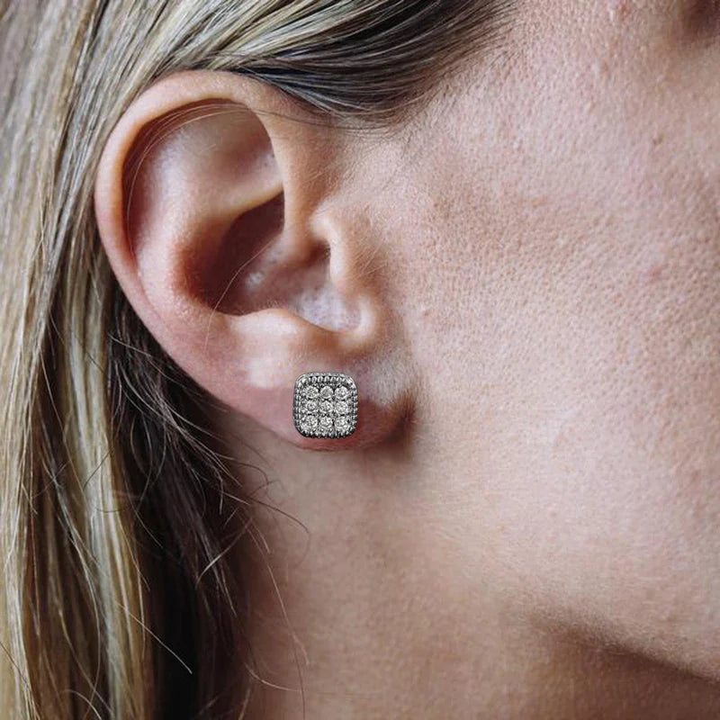 Square-shaped stud piercing magnet earrings with pave zircon stones in silver color for hip hop punk style