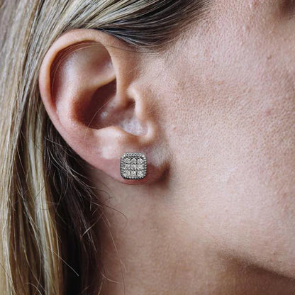 Square-shaped stud piercing magnet earrings with pave zircon stones in silver color for hip hop punk style
