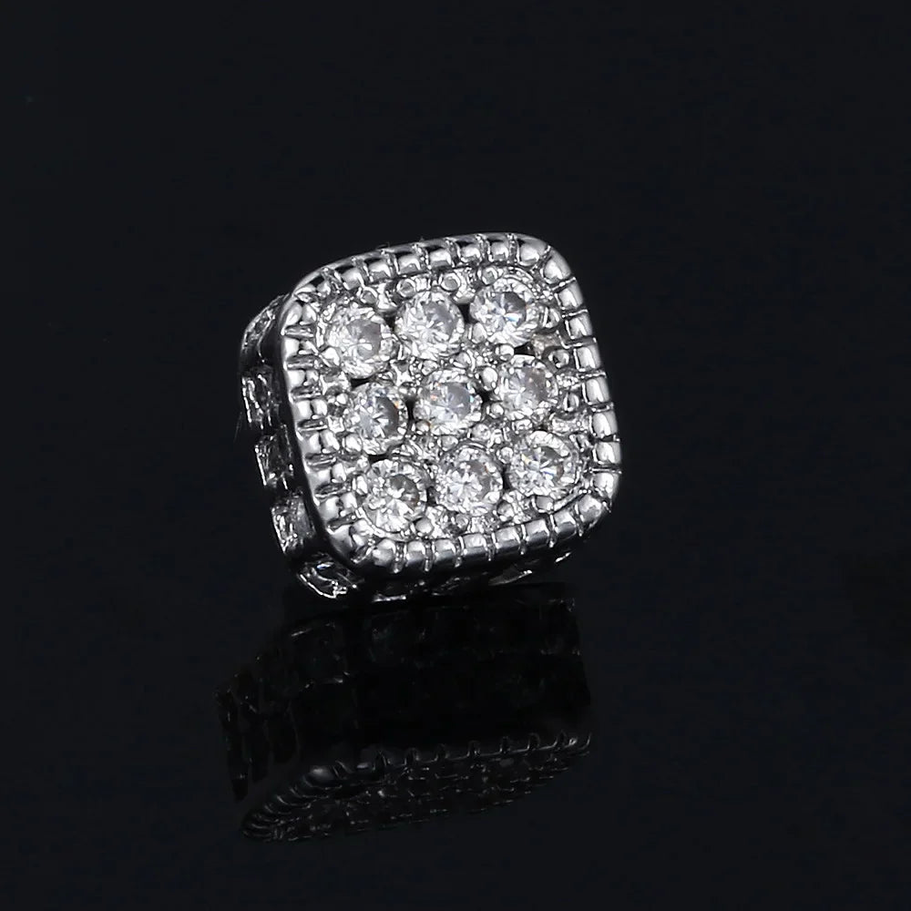 A silver color hip hop punk piercing magnet earring with a square shape and iced out zircon stones and beaded border