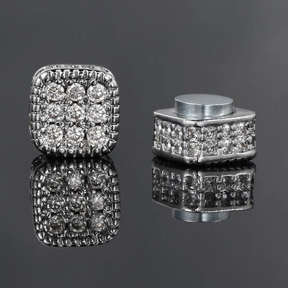 Silver square stud piercing magnet earrings with dense clear zircon crystals in silver color hip hop punk style