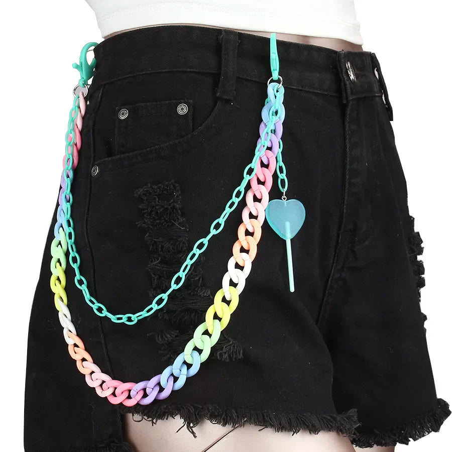 Hip hop rainbow resin chain keychain with multicolor acrylic heart pendant for men and women waist or pants accessory