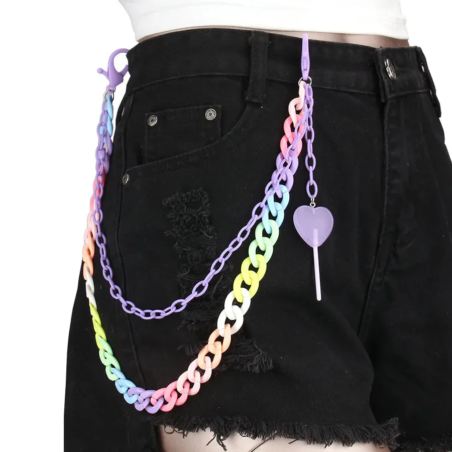 Hip hop rainbow resin chain keychain features a multicolor acrylic heart purple lollipop charm for pants or waist
