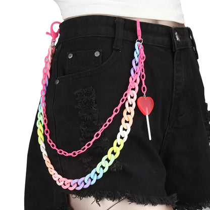 Hip hop rainbow resin chain keychain featuring a multicolor acrylic heart and red lollipop charm with pink clip