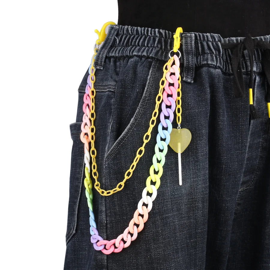 Hip hop rainbow resin chain keychain with multicolor acrylic heart and yellow lollipop pendant for pants or waist