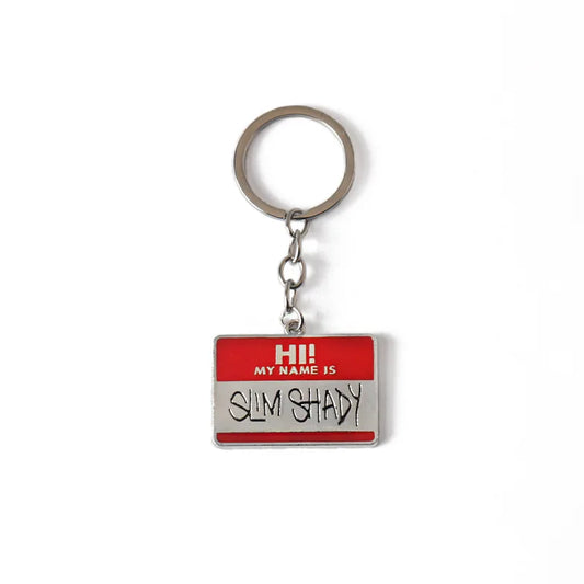 Red and silver enamel hip hop rap tag necklace keychain with hi my name is slim shady for ruffian amu identity style